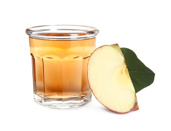Photo of Glass with delicious cider, piece of ripe apple and leaf on white background