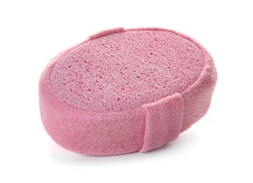 Photo of New pink bath sponge on white background