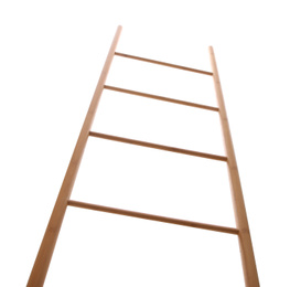 Photo of Modern wooden ladder isolated on white, low angle view