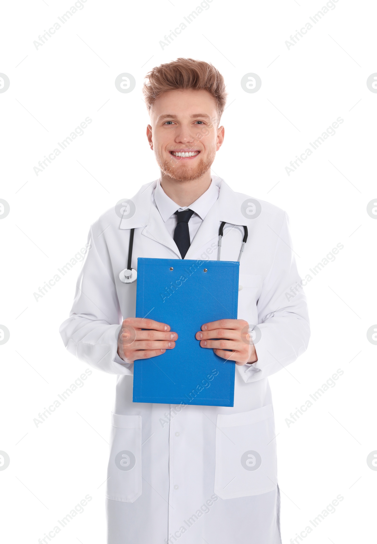 Photo of Portrait of medical doctor with clipboard and stethoscope isolated on white