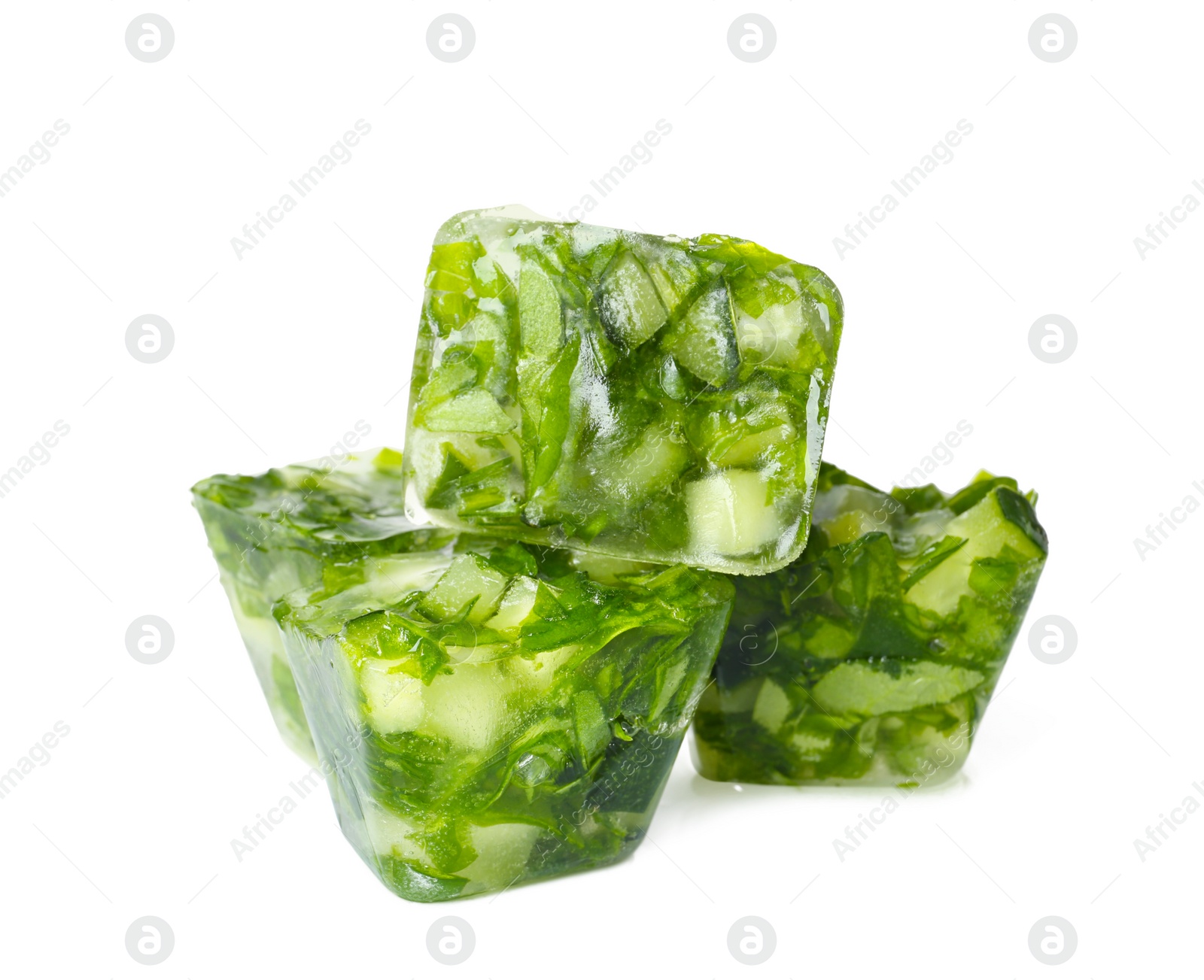 Photo of Ice cubes with cucumber slices and herbs on white background