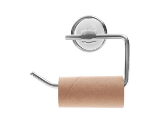 Holder with empty toilet paper roll on white background