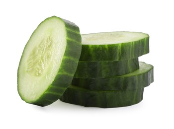 Photo of Stack of fresh cut cucumber isolated on white