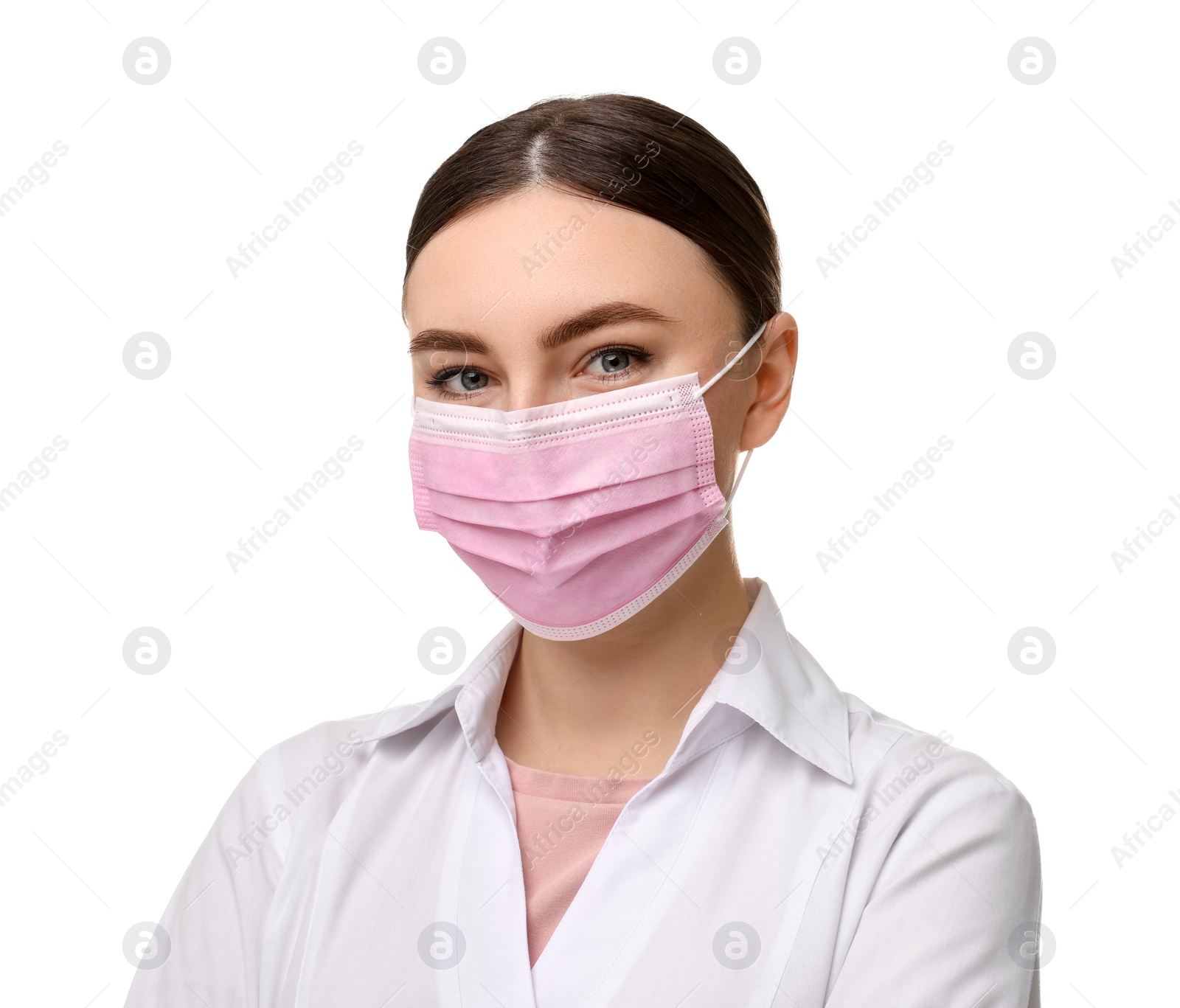 Photo of Cosmetologist in medical uniform on white background