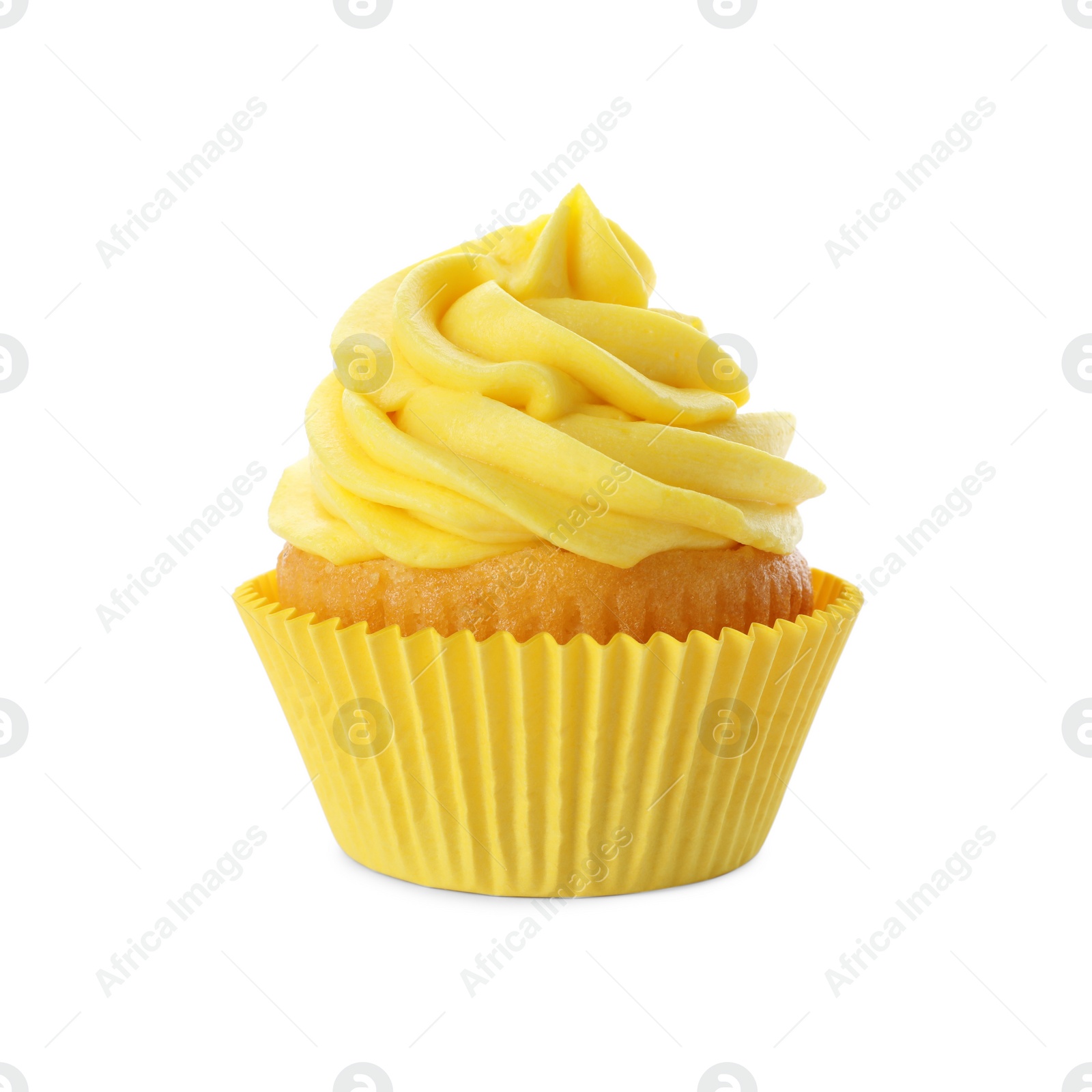 Photo of Delicious birthday cupcake decorated with yellow cream isolated on white