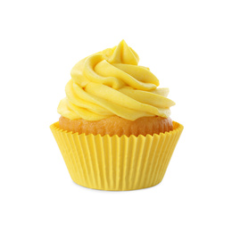 Photo of Delicious birthday cupcake decorated with yellow cream isolated on white