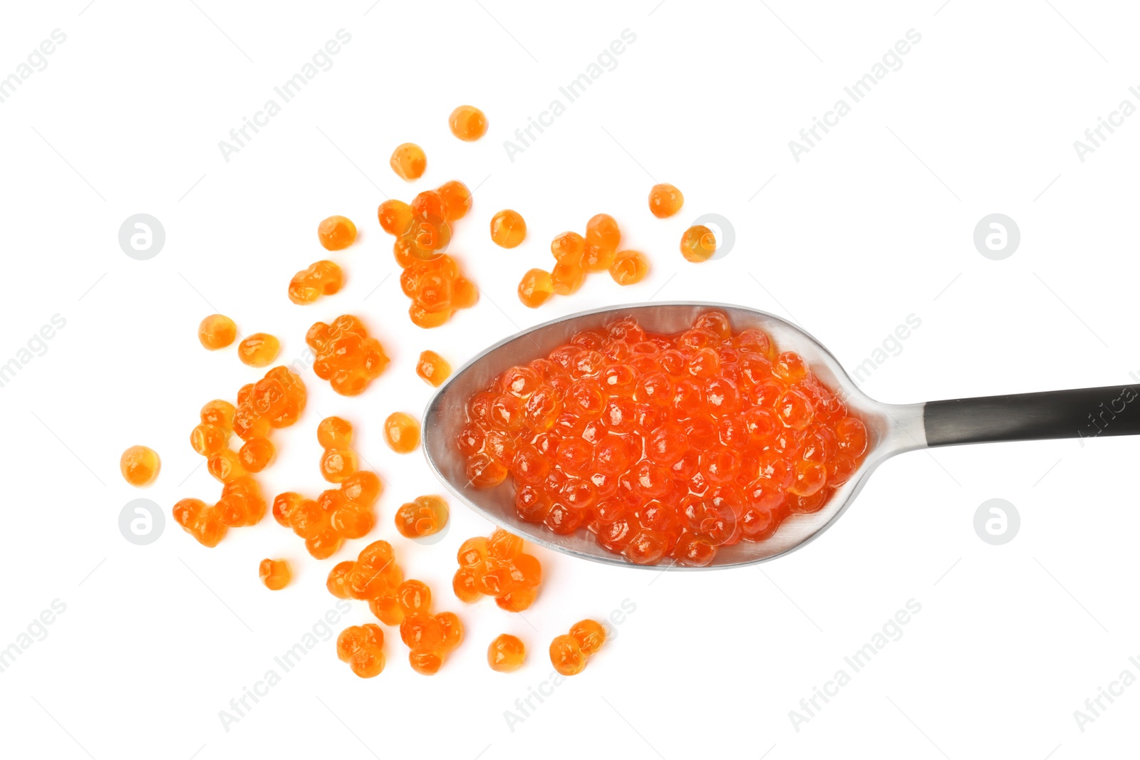 Photo of Spoon and delicious red caviar isolated on white, top view