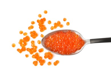 Photo of Spoon and delicious red caviar isolated on white, top view