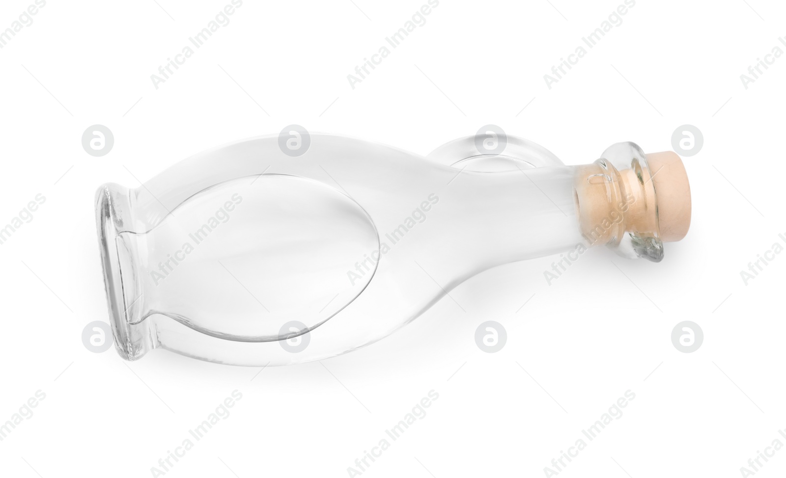 Photo of Vinegar in glass jug isolated on white, top view