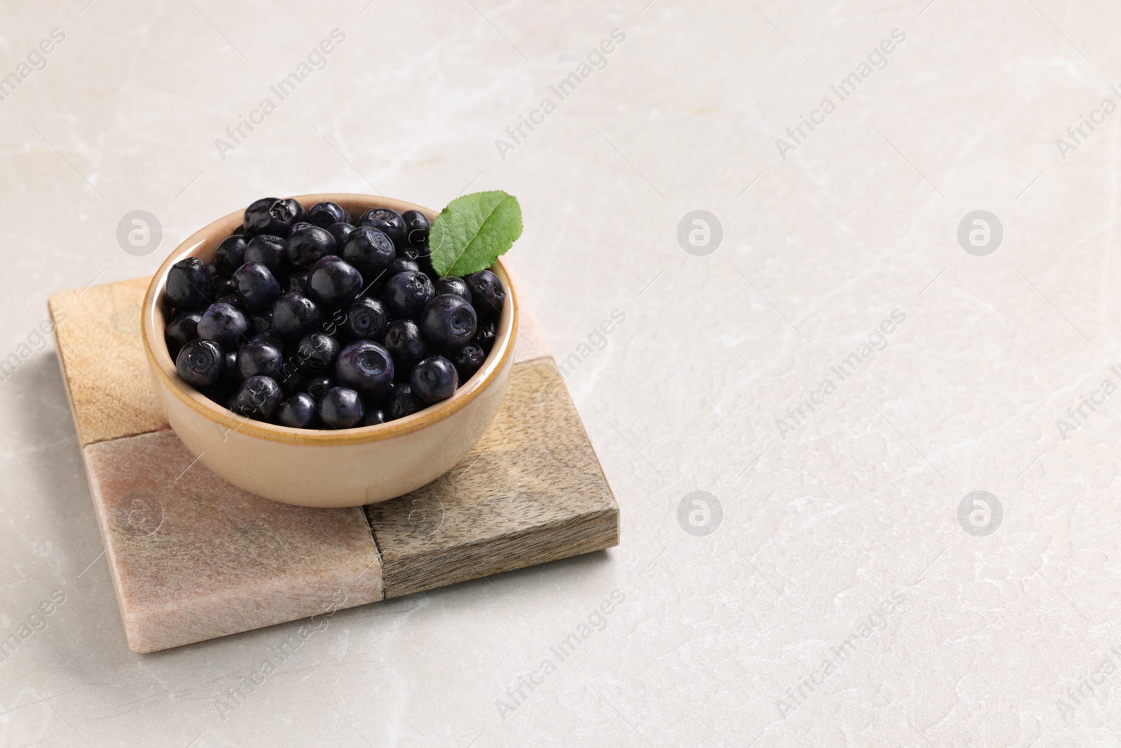 Photo of Bowl of tasty fresh bilberries on white table. Space for text