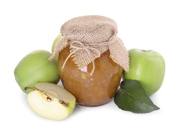 Photo of Glass jar of delicious apple jam and fresh fruits isolated on white