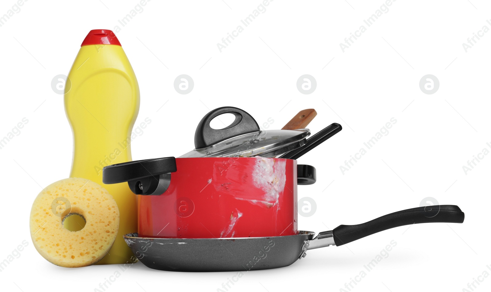 Photo of Stack of dirty kitchenware, dish detergent and sponge on white background