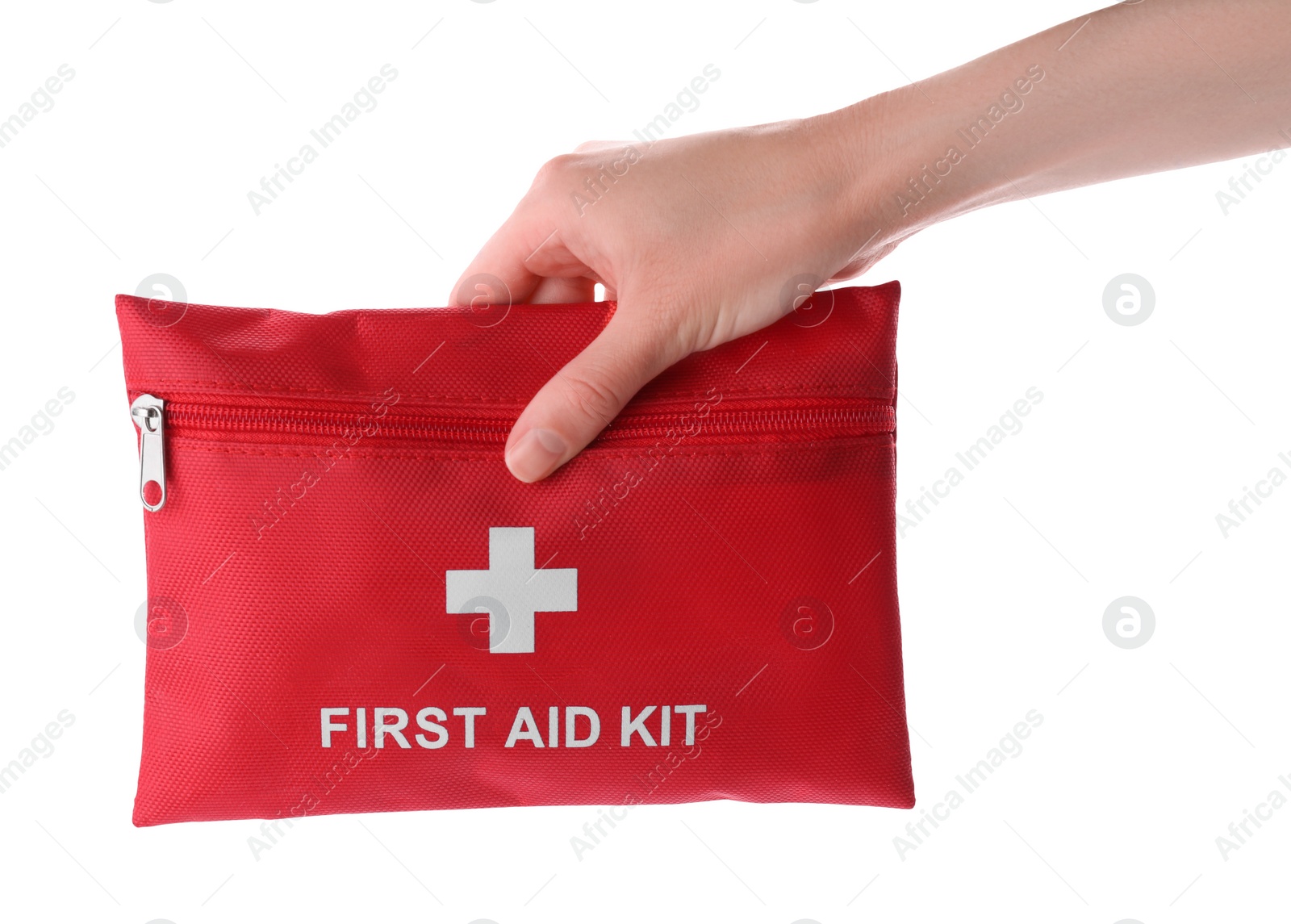 Photo of Woman holding first aid kit on white background, closeup