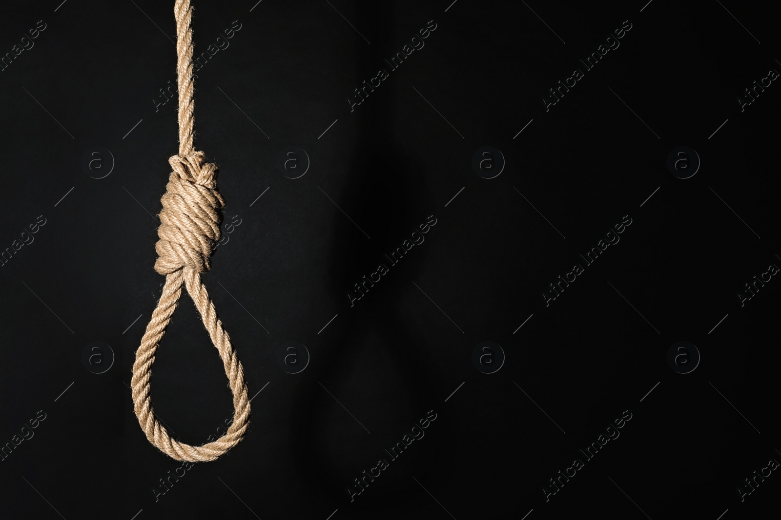 Photo of Rope noose with knot on black background, space for text