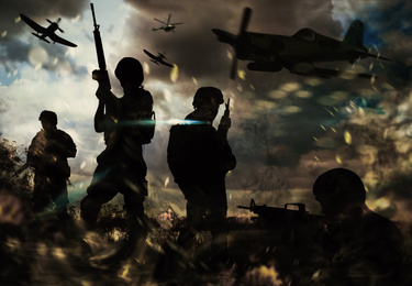 Image of Silhouettes of soldiers and planes in combat zone. Military service