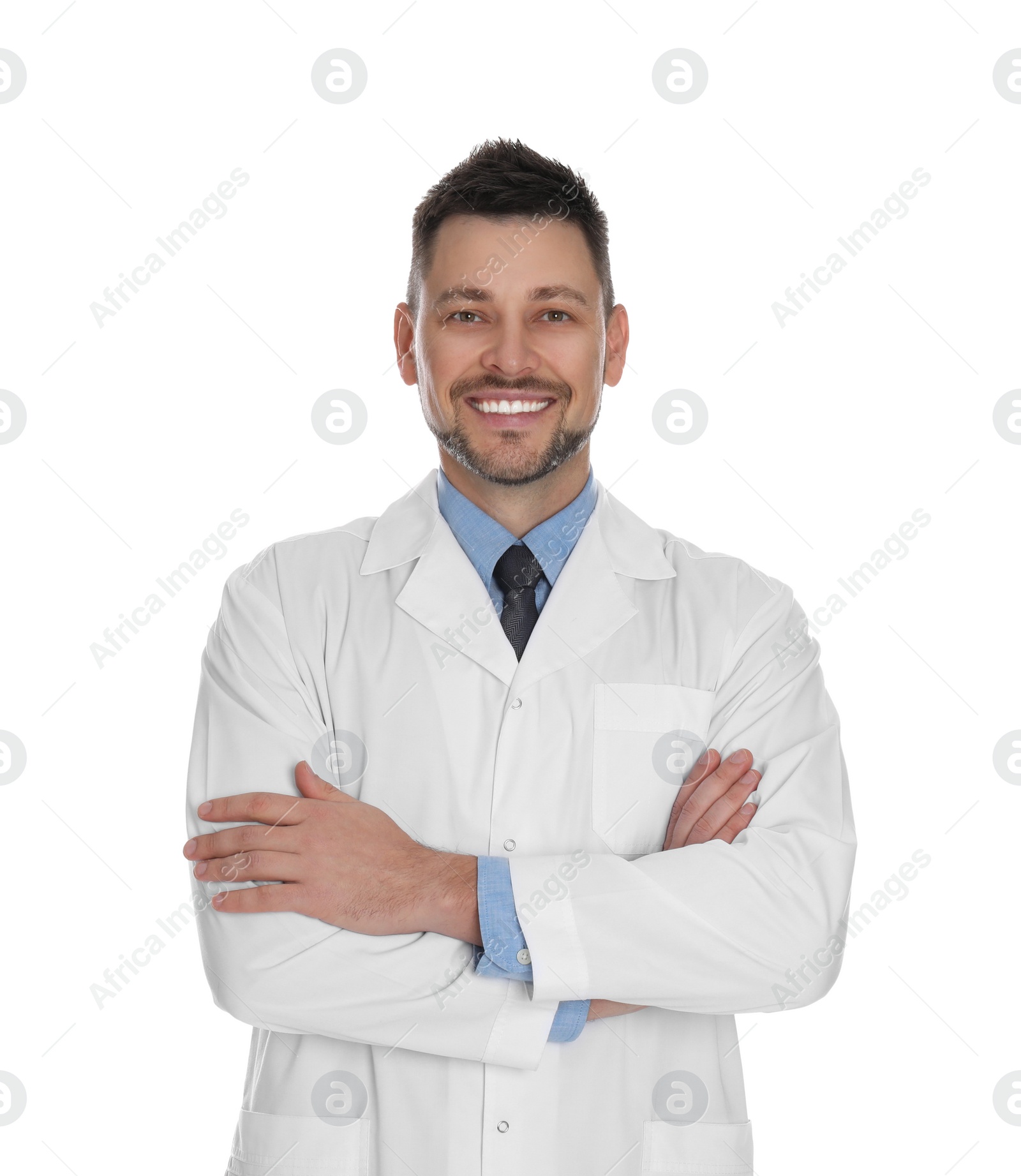 Photo of Happy man in lab coat on white background