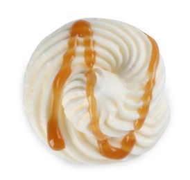 Photo of Delicious fresh whipped cream with caramel sauce isolated on white, top view