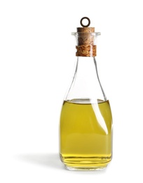 Photo of Glass bottle with fresh olive oil on white background