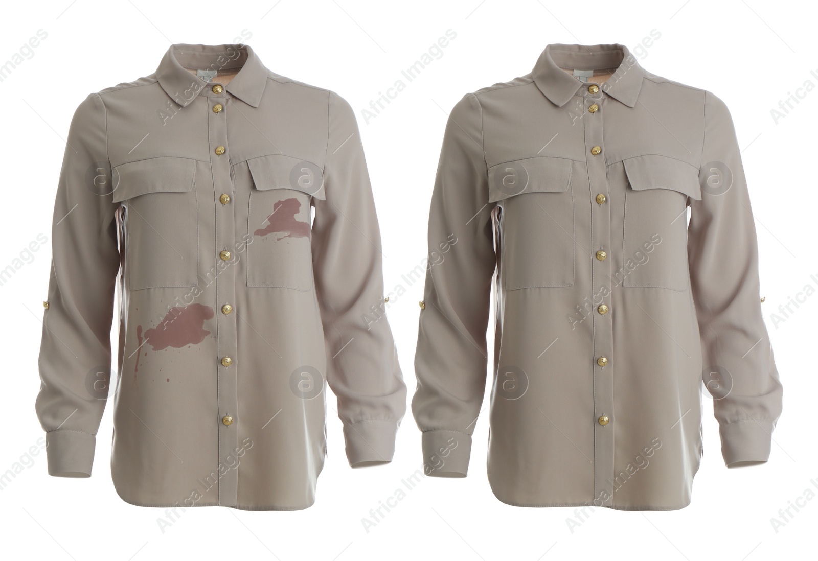 Image of Stylish shirt before and after dry-cleaning on white background