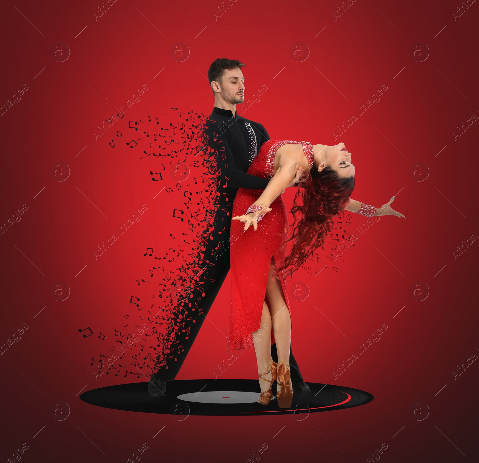 Image of Passionate young couple dancing on red background. Bright creative design