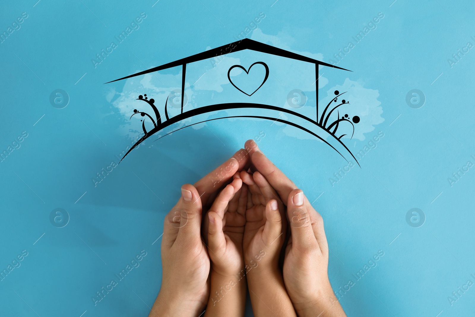Image of Mother holding hands with child and illustration of house on blue background, top view. Adoption concept