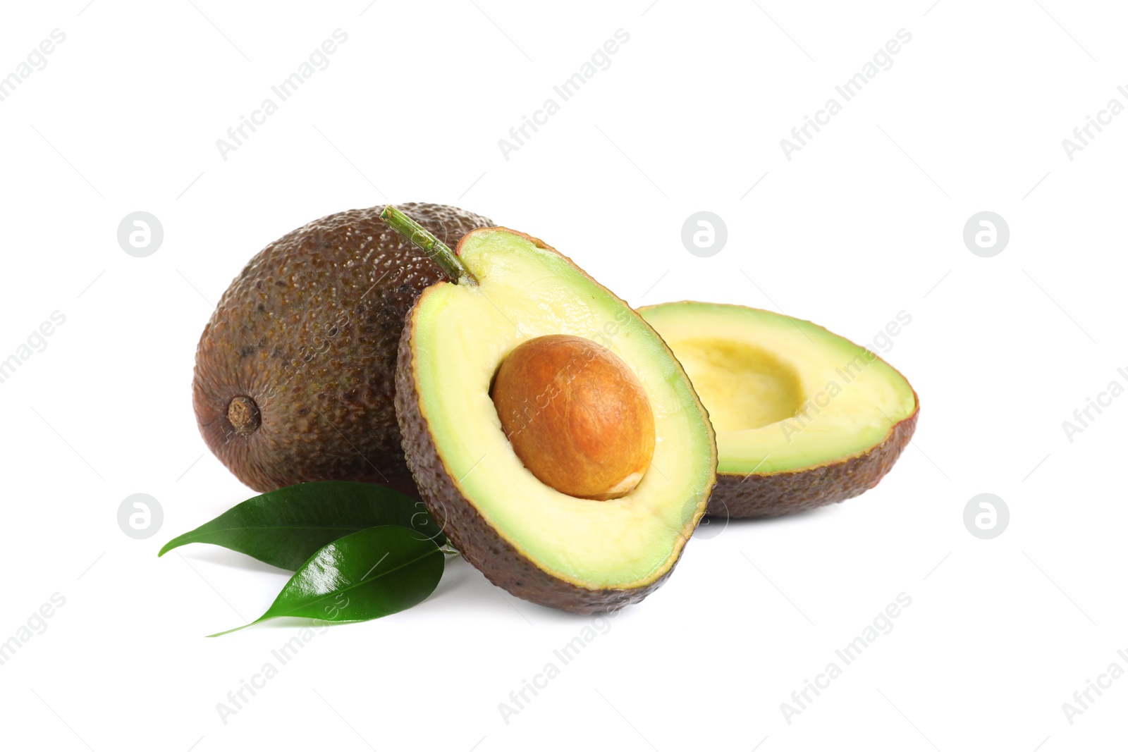 Photo of Ripe fresh avocados on white background