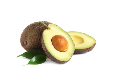 Photo of Ripe fresh avocados on white background