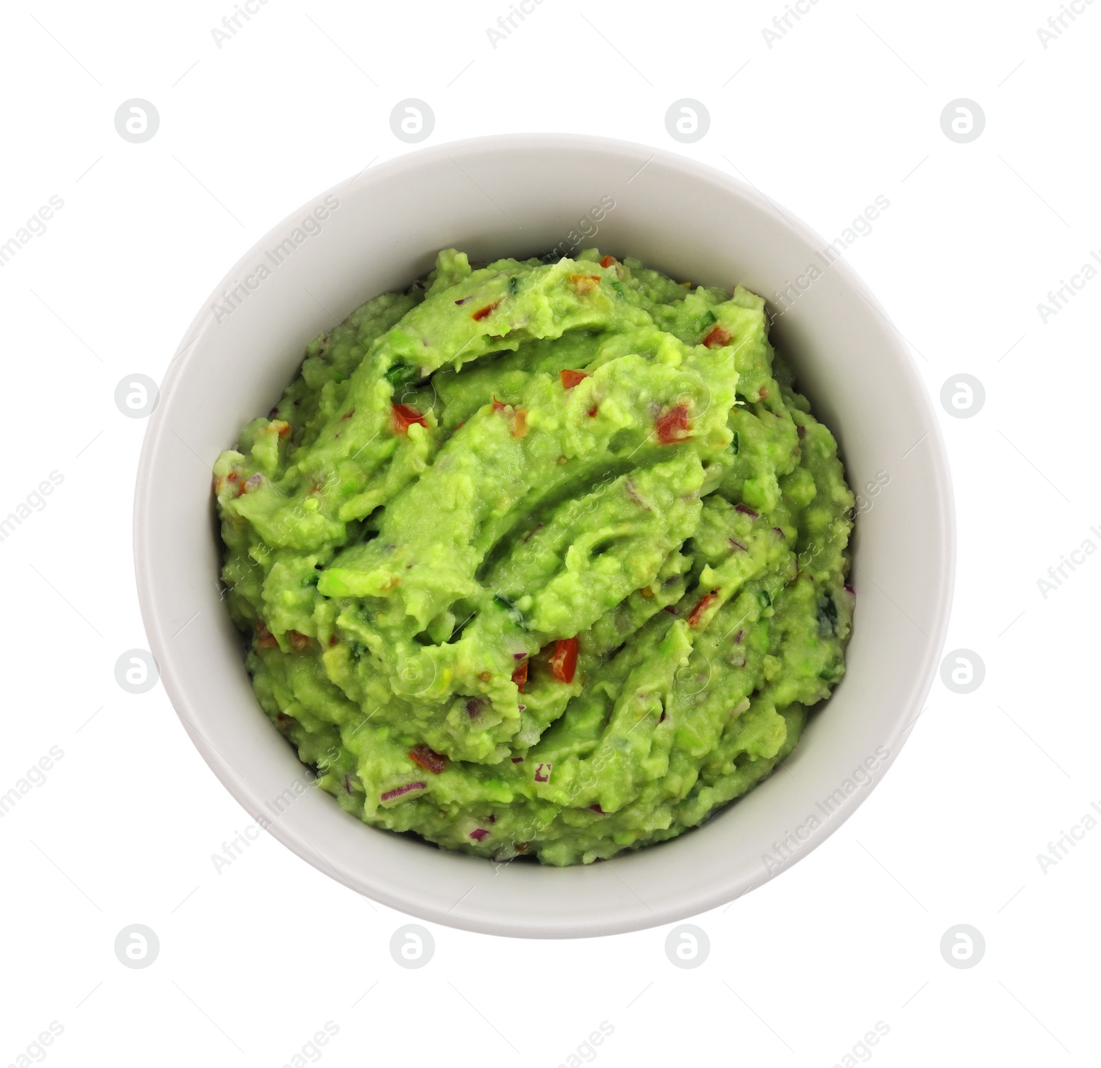 Photo of Bowl of delicious guacamole isolated on white, top view