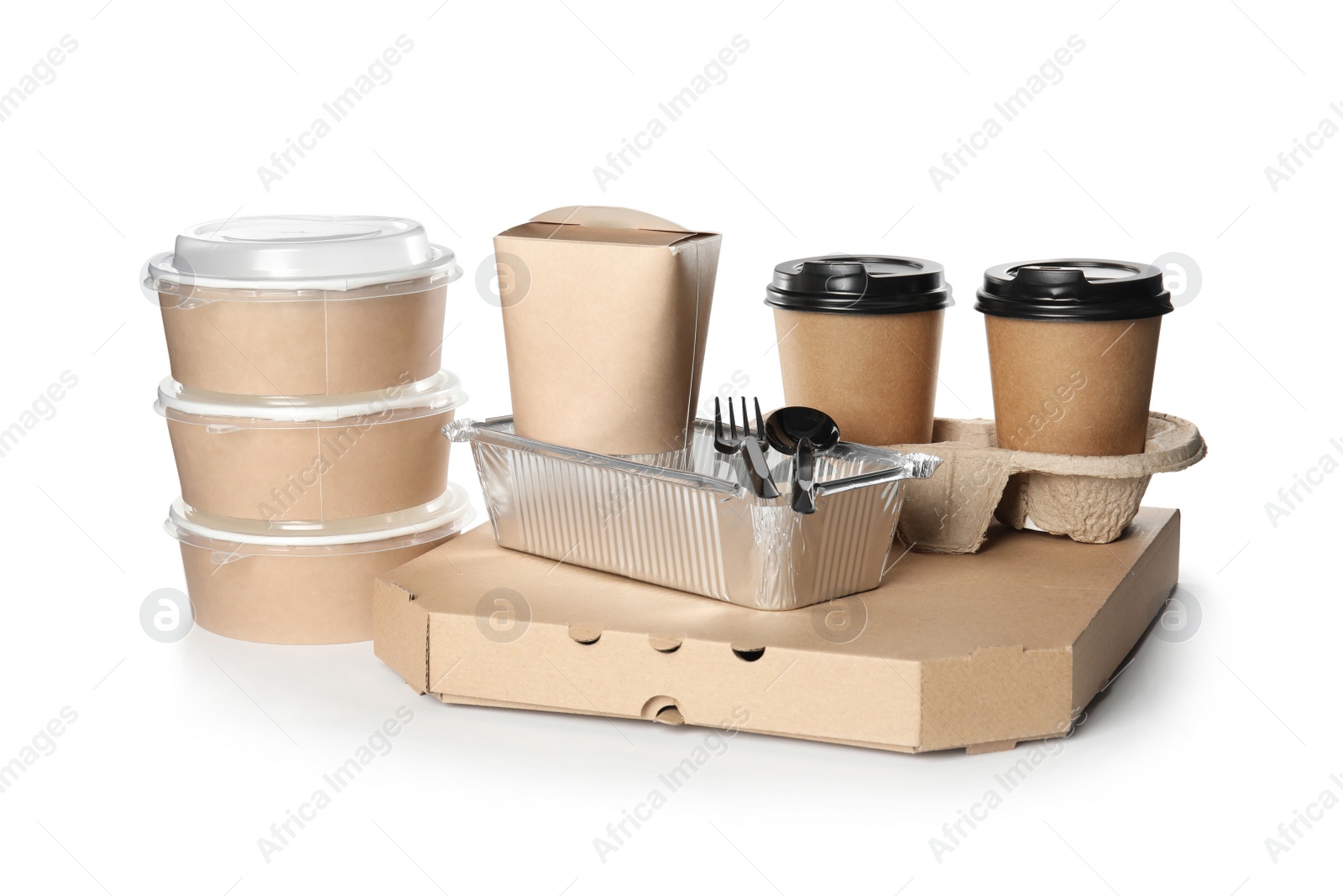 Photo of Different containers on white background, mockup for design. Food delivery