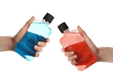 Image of Collage with photos of women holding bottle with mouthwash for teeth care on white background, closeup