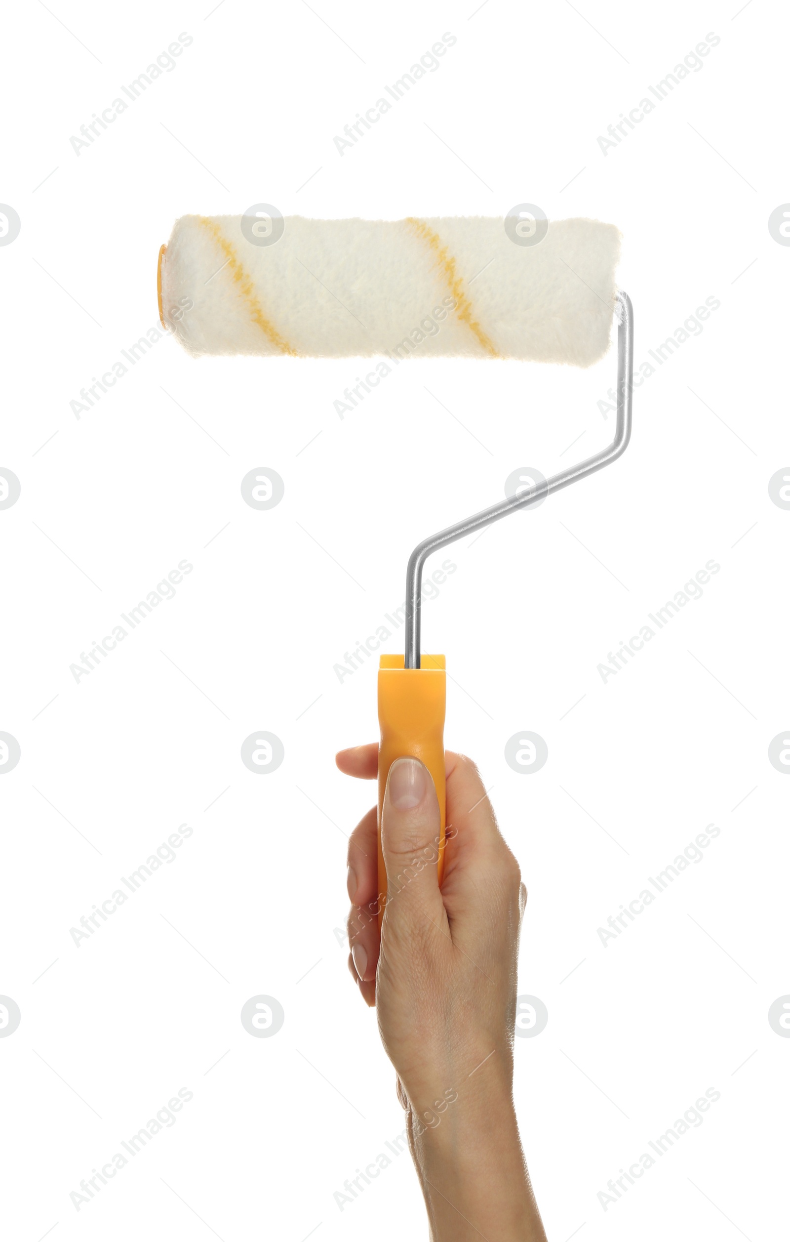 Photo of Woman holding paint roller brush on white background, closeup