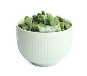 Frozen green beans in bowl isolated on white. Vegetable preservation