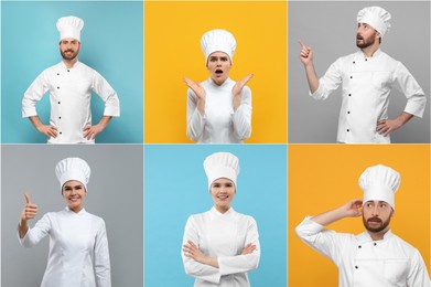 Chefs in uniforms on different color backgrounds, collage design
