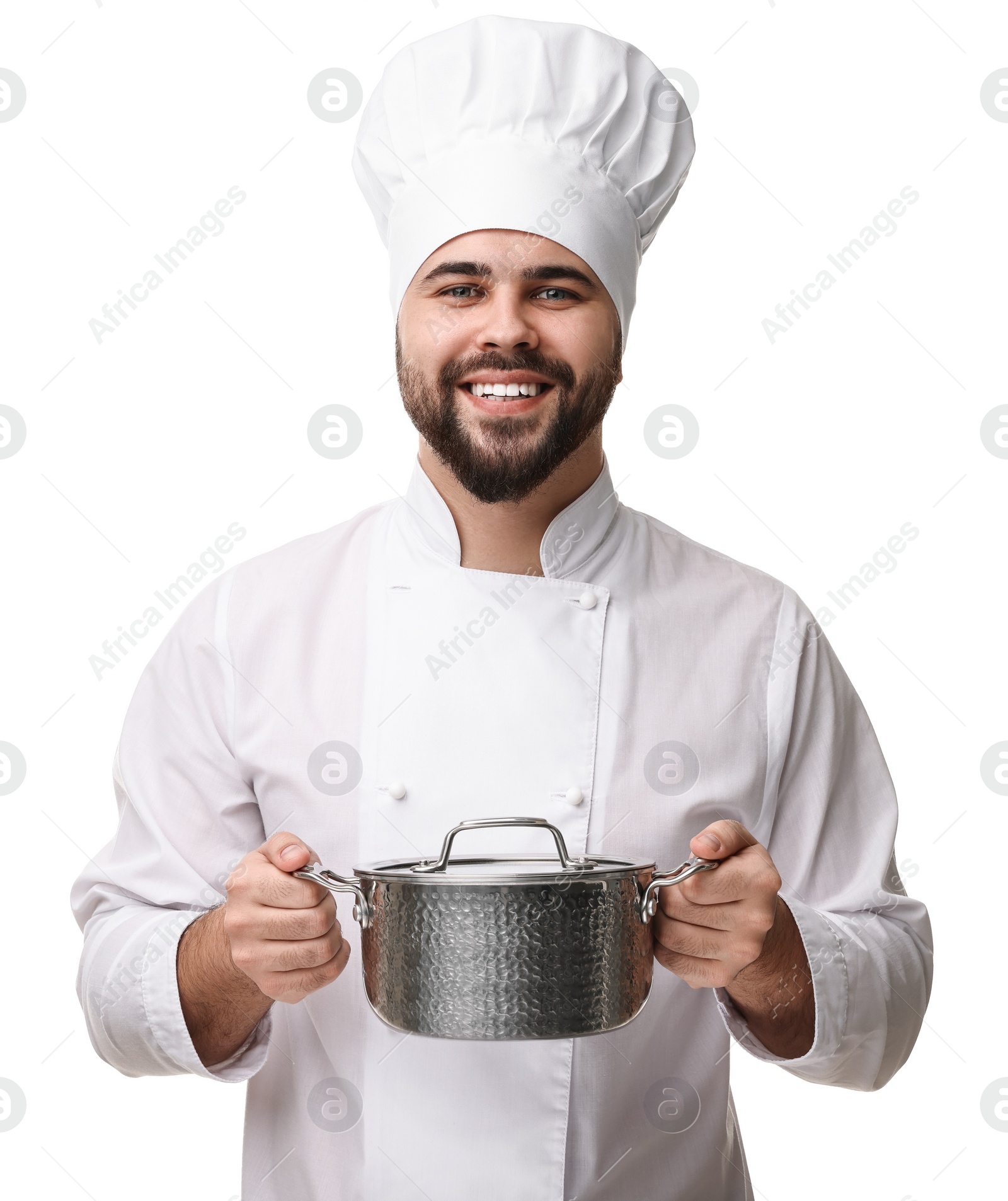 Photo of Happy young chef in uniform holding cooking pot on white background