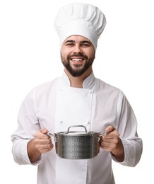 Photo of Happy young chef in uniform holding cooking pot on white background