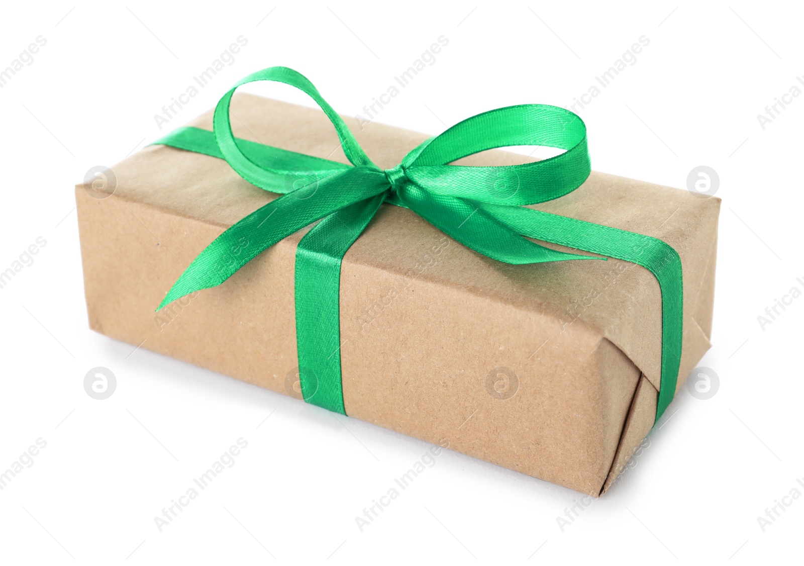 Photo of Christmas gift box decorated with ribbon bow on white background