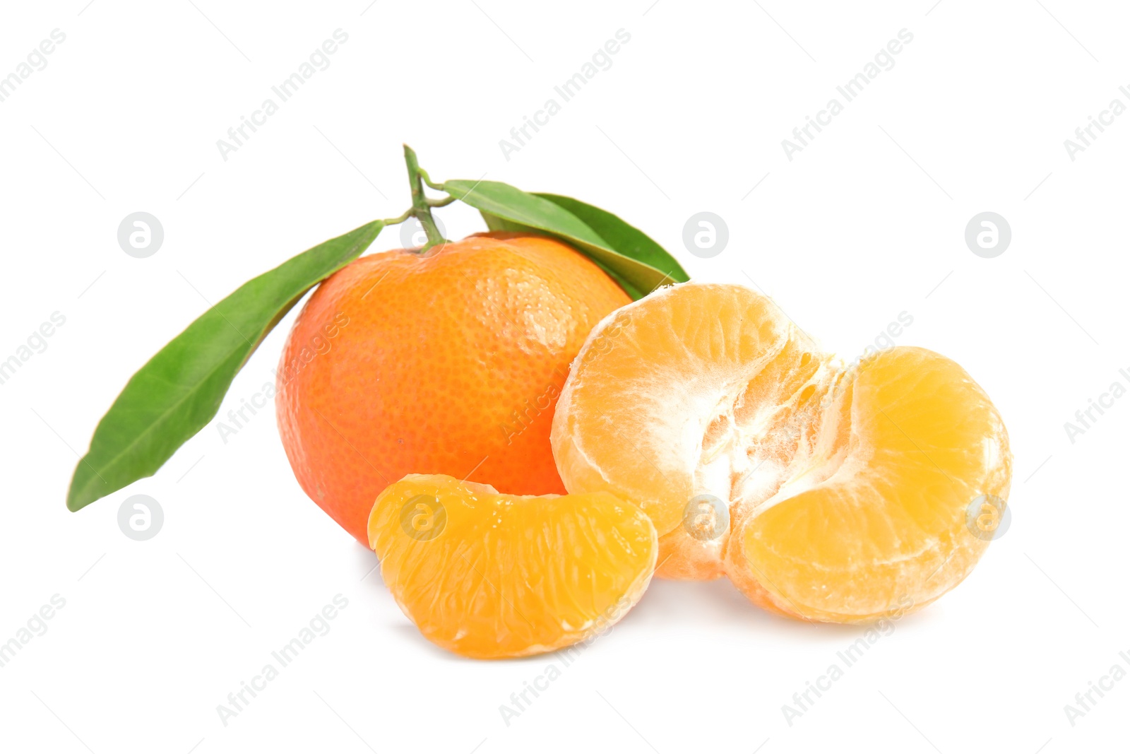 Photo of Tasty ripe tangerines with leaves on white background