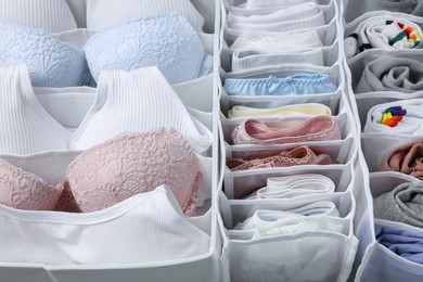Photo of Organizers with folded women's underwear, closeup view