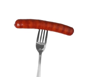 Photo of Delicious grilled sausage on fork against white background. Barbecue food