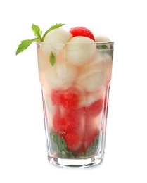 Glass with watermelon and melon ball drink on white background