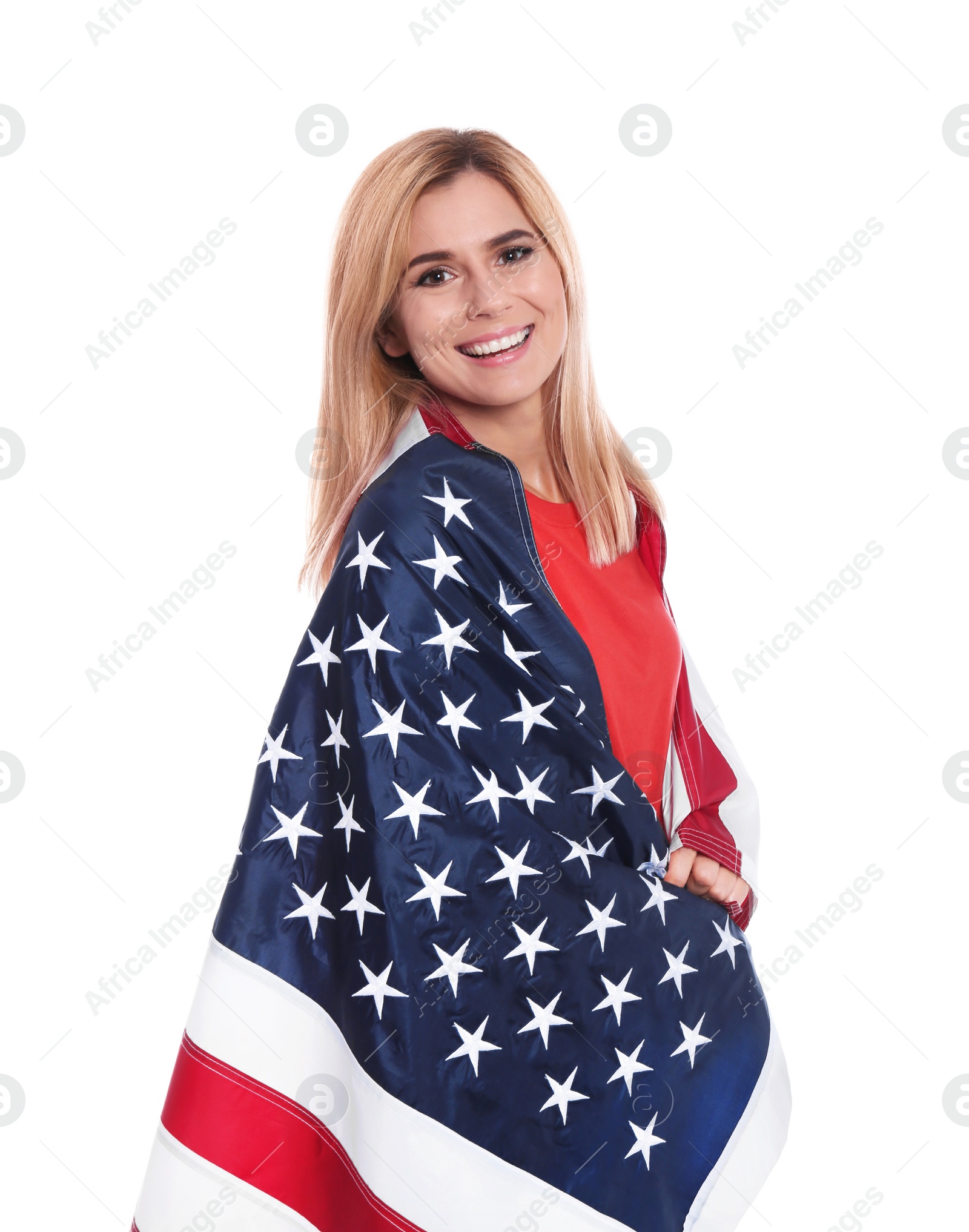 Photo of Portrait of woman with American flag on white background