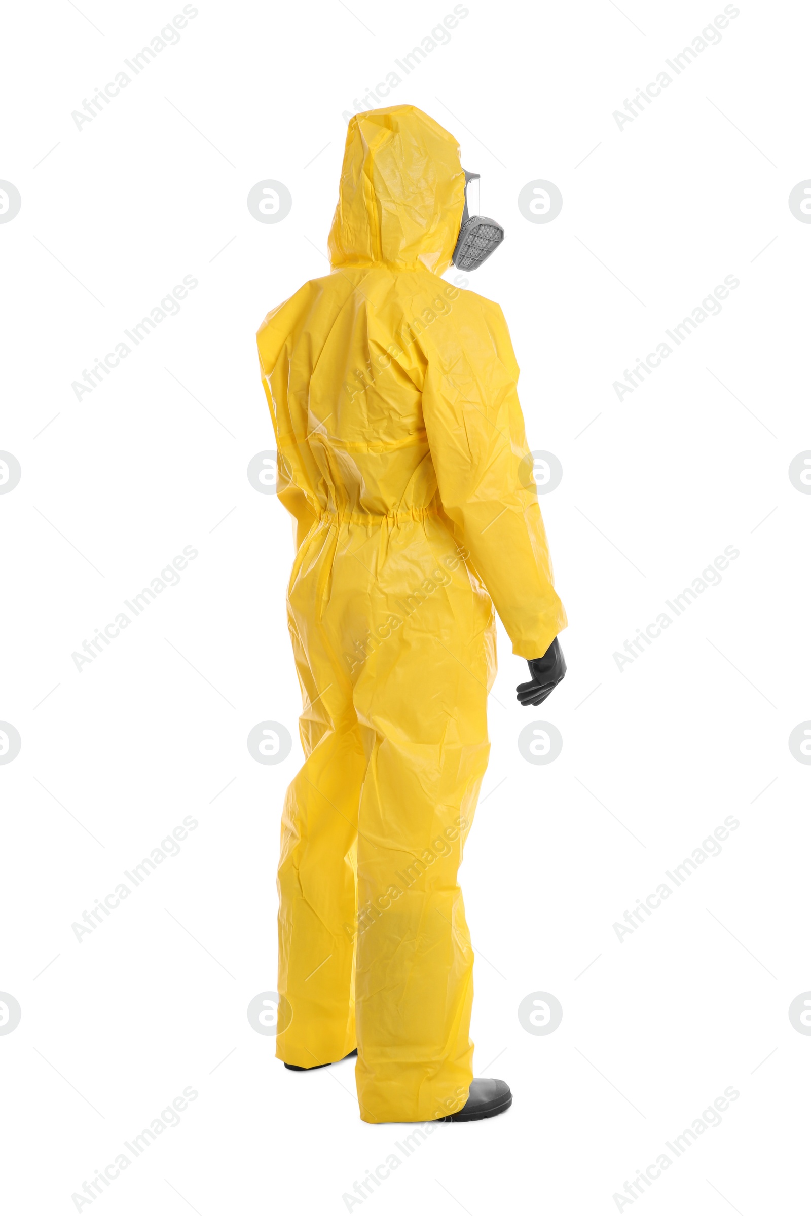 Photo of Man wearing chemical protective suit on white background. Virus research