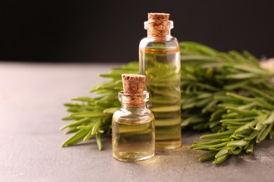 Photo of Essential oil in bottles and rosemary on grey table