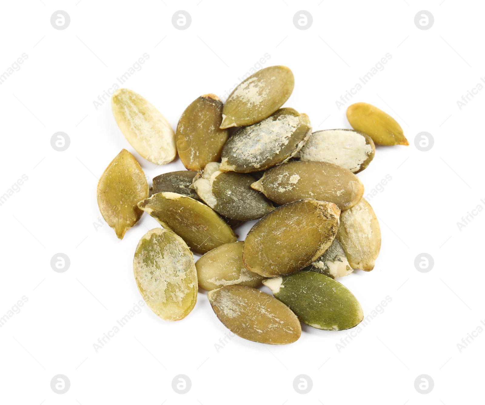 Photo of Pile of raw pumpkin seeds on white background, top view