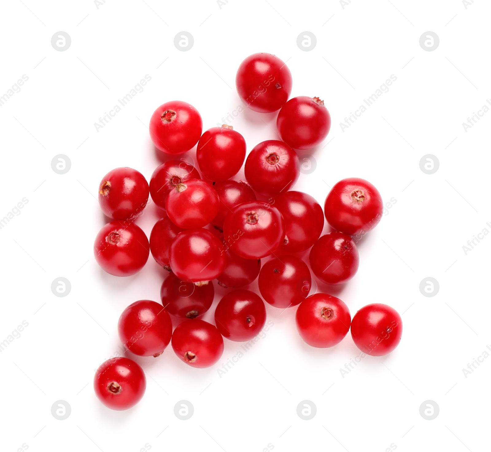 Photo of Pile of fresh cranberries on white background, top view