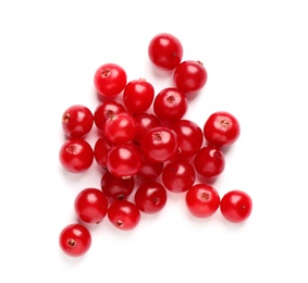 Photo of Pile of fresh cranberries on white background, top view