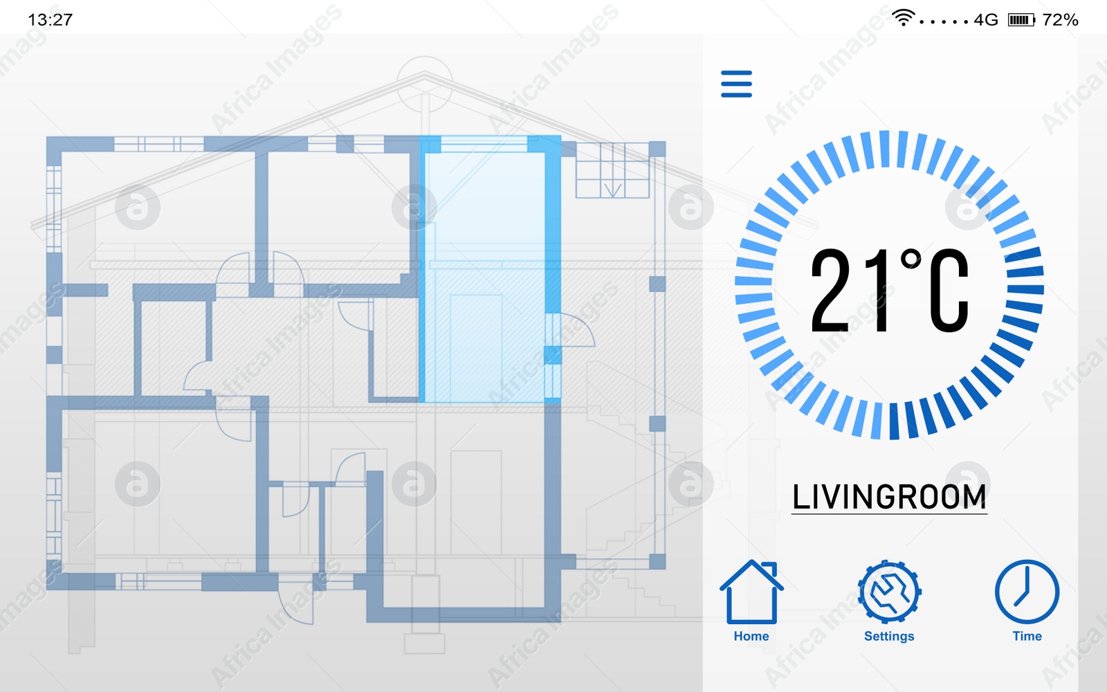 Illustration of Heating control system. Application displaying temperature and house plan
