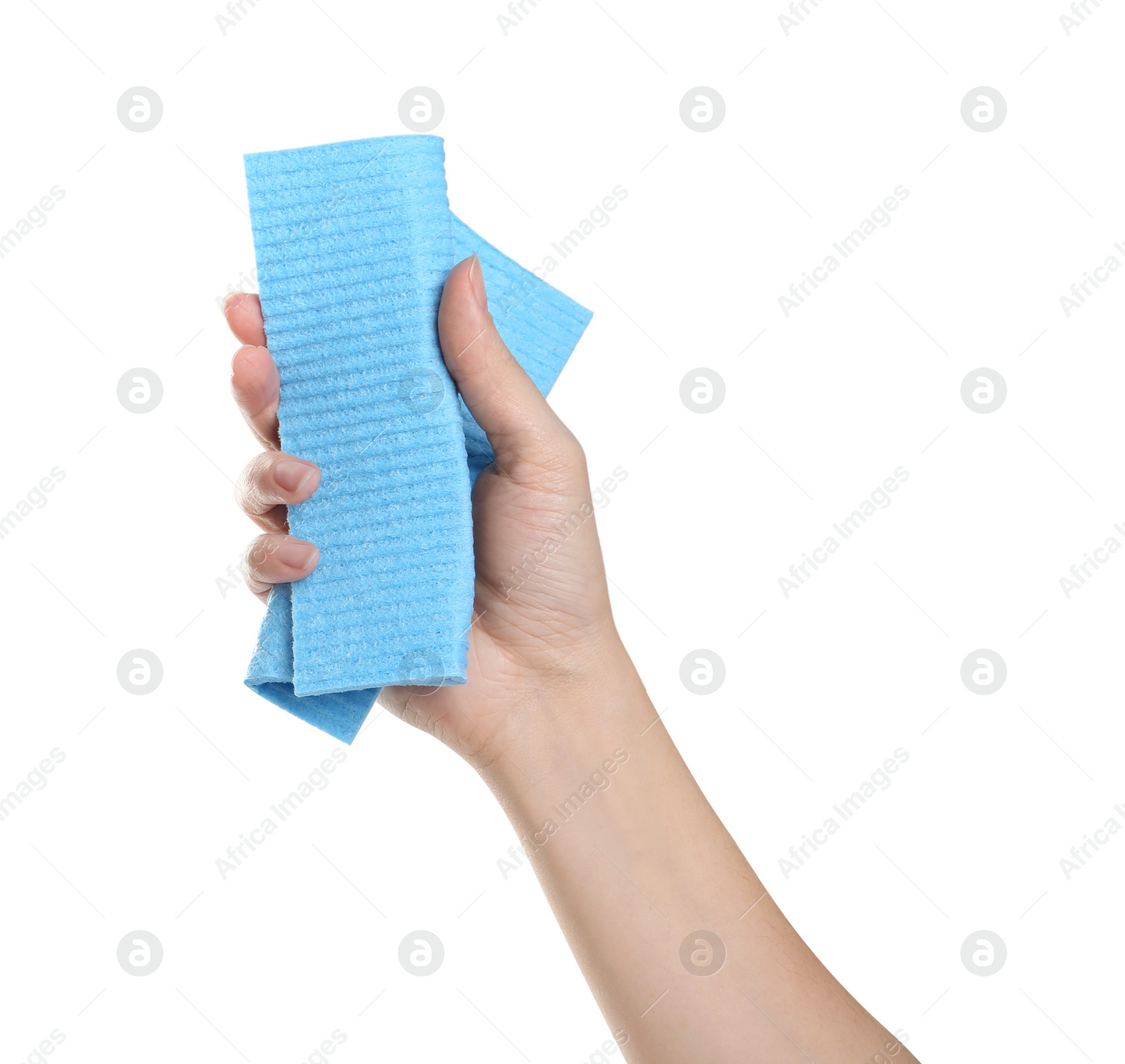 Photo of Woman with rag on white background, closeup of hand