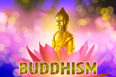 Buddhism. Golden Buddha figure in lotus flower on bright background