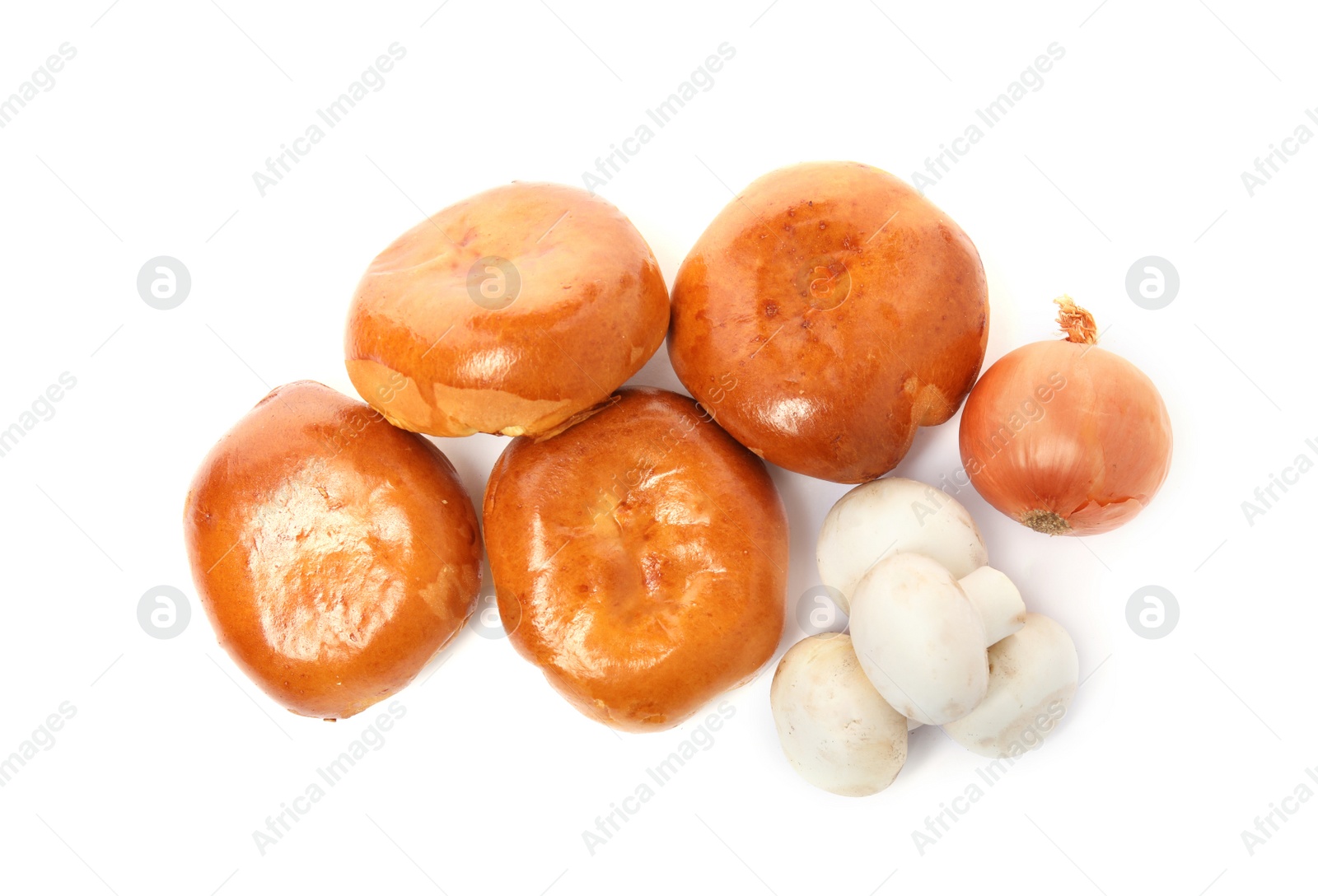 Photo of Delicious baked pirozhki, mushrooms and onion on white background, top view